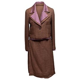 Conjunto de falda de mohair vintage marrón y berenjena Chanel Talla FR 40