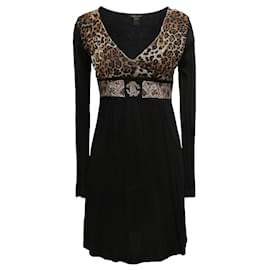 Langarmkleid Roberto Cavalli mit Leopardenmuster und Strassverzierungen schwarz & braun Größe US L