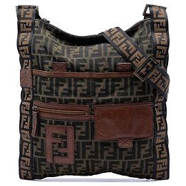 Borsa a tracolla piatta in tela Zucca FF marrone Fendi