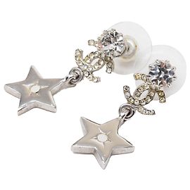 Orecchini Chanel CC in ottone e strass con goccia a stella e chiusura a perno, argento