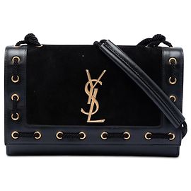 Borsa a tracolla Kate in scamosciato nero con cuciture a corda, misura Medium di Saint Laurent