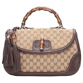 Borsa con manico in bambù e monogramma Gucci marrone