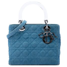 Borsa Lady Dior in denim blu, taglia Medium, con manici in acrilico Cannage