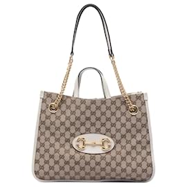 Borsa Tote con catena Gucci Medium GG Canvas Horsebit 1955 beige