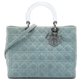 Borsa Lady Dior in denim blu grande con manici in acrilico Cannage