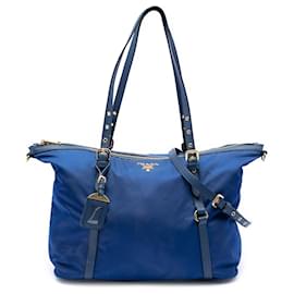 Borsa Satchel Tessuto con bordatura Saffiano blu Prada