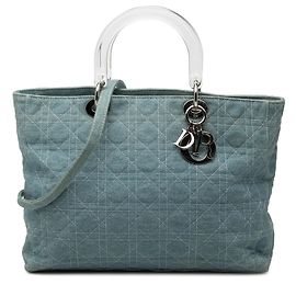 Lady Dior Satchel aus blauem Denim, Cannage, Acrylgriffe, Größe Large