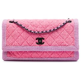 Borsa a tracolla Chanel CC in tweed trapuntato rosa con soffietto a fisarmonica