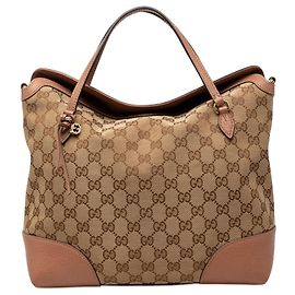 Gucci Medium GG Canvas Bree Fold Over Tote Satchel Beige