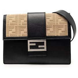 Borsa a tracolla Baguette Flat Fendi 1974 in pelle di vitello e tela FF nero