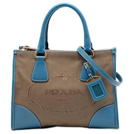 Borsa satchel in tela Canapa con bordi in Saffiano marrone Prada Logo Double Zip