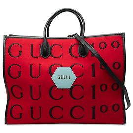 Borsa Shopping Tote Gucci 100th Anniversary in feltro con bordi in pelle di vitello rossa con logo script