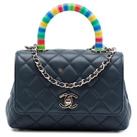 Borsa Chanel Extra Mini in agnello trapuntato blu Rainbow Coco Top Handle Satchel