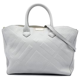Borsa Burberry Dewsbury in pelle di vitello grigia con stampa a rilievo di elefante e motivo check