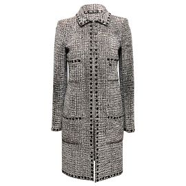 Schwarz-Weiß Chanel Bouclé-Mantel mit Kragen Größe FR 36