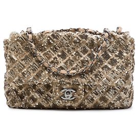 Borsa a tracolla Chanel CC in raso trapuntato dorato con decorazioni in paillettes
