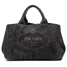 Borsa satchel in denim Canapa nero con logo Prada