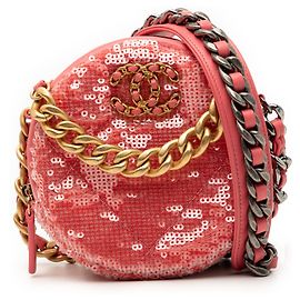 Clutch rotonda Chanel 19 in agnello con paillettes rosa con borsa a tracolla con catena
