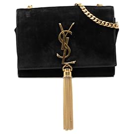 Piccola borsa a tracolla Kate in scamosciato nero con monogramma Saint Laurent e nappa
