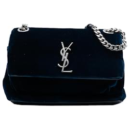 Borsa a tracolla Small Velvet Monogram West Hollywood blu Saint Laurent
