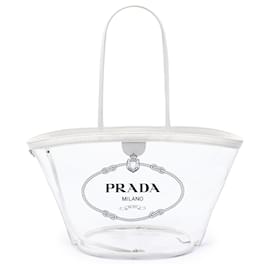 Borsa Tote Shopper Prada in PVC Canapa bianco con logo