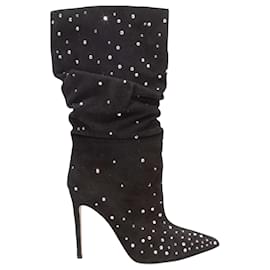Black Paris Texas Suede & Rhinestone Pointed-Toe Slouch Boots Size 41