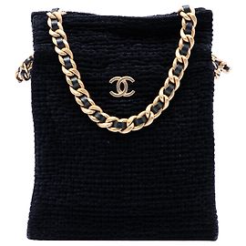 Tote shopping Chanel CC in tweed di cotone nero con coulisse