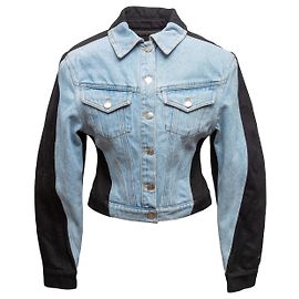 Thierry Mugler Jeansjacke aus Bio-Baumwolle mit Color-Blocking in Hellblau und Schwarz Größe FR 38