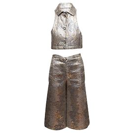 Vintage Silber & Gold Jeanne Lanvin Metallic Jacquard Oberteil & Hose Set Größe US S