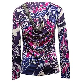 Top a maniche lunghe stampato e decorato in seta viola e multicolore Emilio Pucci Taglia IT 38