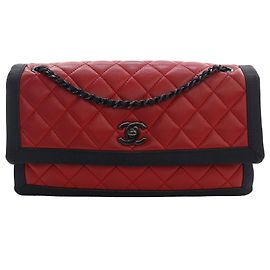 Borsa a Spalla Chanel Medium CC Bicolor in Pelle di Agnello Trapuntata e Grosgrain Rosso
