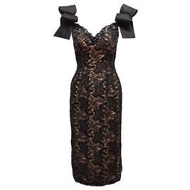 Abito da sera vintage Bob Mackie Couture con paillettes, pizzo nero e beige con dettaglio a fiocco, Taglia US 4