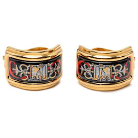Black Hermès Gold Plated Enamel Cloisonne Clip On Earrings