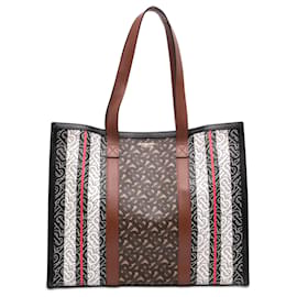 Borsa Book Tote Burberry TB Monogram E Canvas Stripe marrone
