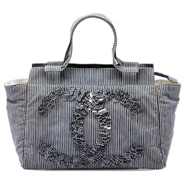 Borsa Shopper Chanel CC in tela a righe blu