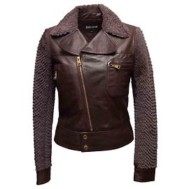 Braune Just Cavalli Leder- und Känguru-Pelz-Moto-Jacke Größe IT 40