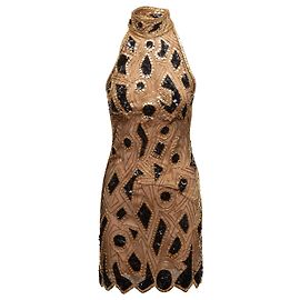 Mini abito halter in seta con perline vintage Tan & Multicolor Bob Mackie Taglia US 8