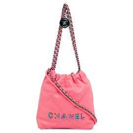 Bolso de mano Chanel Mini 22 de piel de becerro brillante rosa con herrajes arcoíris