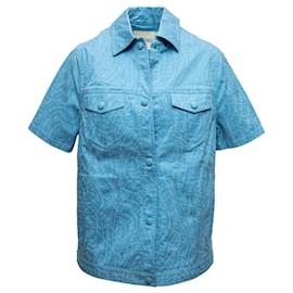 Camicia a maniche corte in nylon blu Fendi con stampa Zucca e bottoni Size IT 36