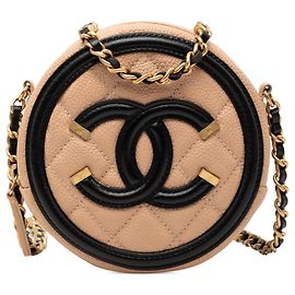 Borsa a tracolla rotonda Chanel Caviar CC Filigree beige