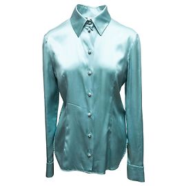 Designers Remix Top in seta a maniche lunghe con bottoni Aqua Chanel Taglia FR 40