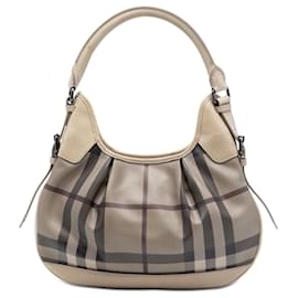 Borsa Brooklyn Hobo in tela rivestita Burberry Smoked Check beige