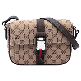 Borsa a tracolla con patta Gucci GG Canvas Web Buckle Beige