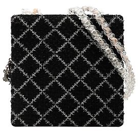 Borsa Shopping Chanel in Tweed e Resina Nero con Cerniera e Catena