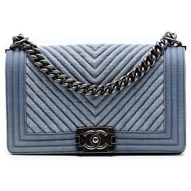 Borsa a tracolla Chanel Old Medium Chevron Denim Boy Flap Blu