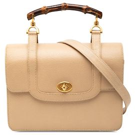 Borsa satchel Gucci in pelle di vitello beige con chiusura a scatto e manico in bambù