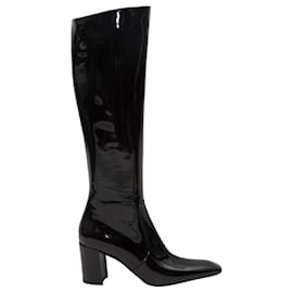 Stivali alti a punta quadrata in vernice nera Saint Laurent Taglia 38