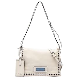 Borsa Prada Glace Calfskin Studded Etiquette Flap bianca
