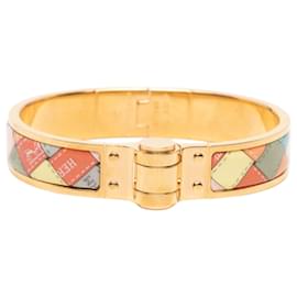 Gold Hermès Narrow Bolduc au Carre Enamel Hinge Bracelet PM
