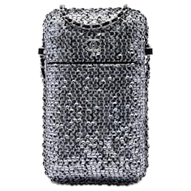 Borsa a tracolla Chanel CC in tweed e paillettes argento con catena per telefono